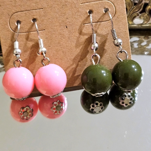 Charming Pink and Green Beaded Earrings - Picture 3 of 3